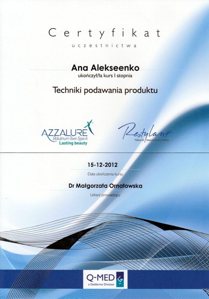 Techniki podawania produktu Azzalure Restylane - Certyfikat