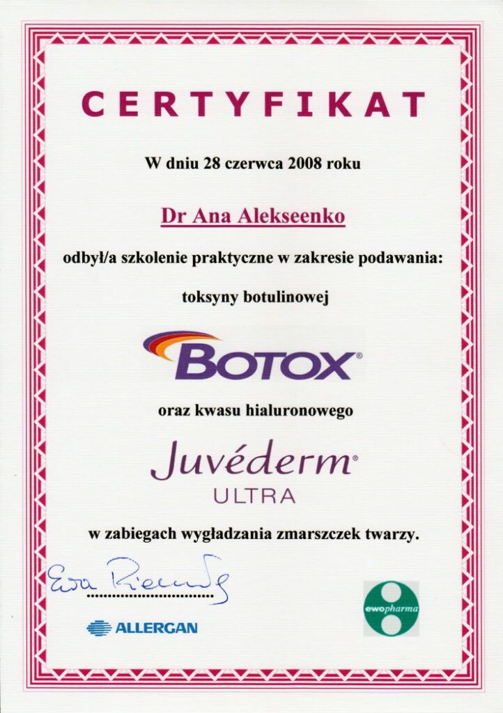 Szkolenie praktyczne w zakresie podawania toksyny botulinowej oraz kwasu hialuronowego w zabiegach wygładzania zmarszczek twarzy - certyfikat